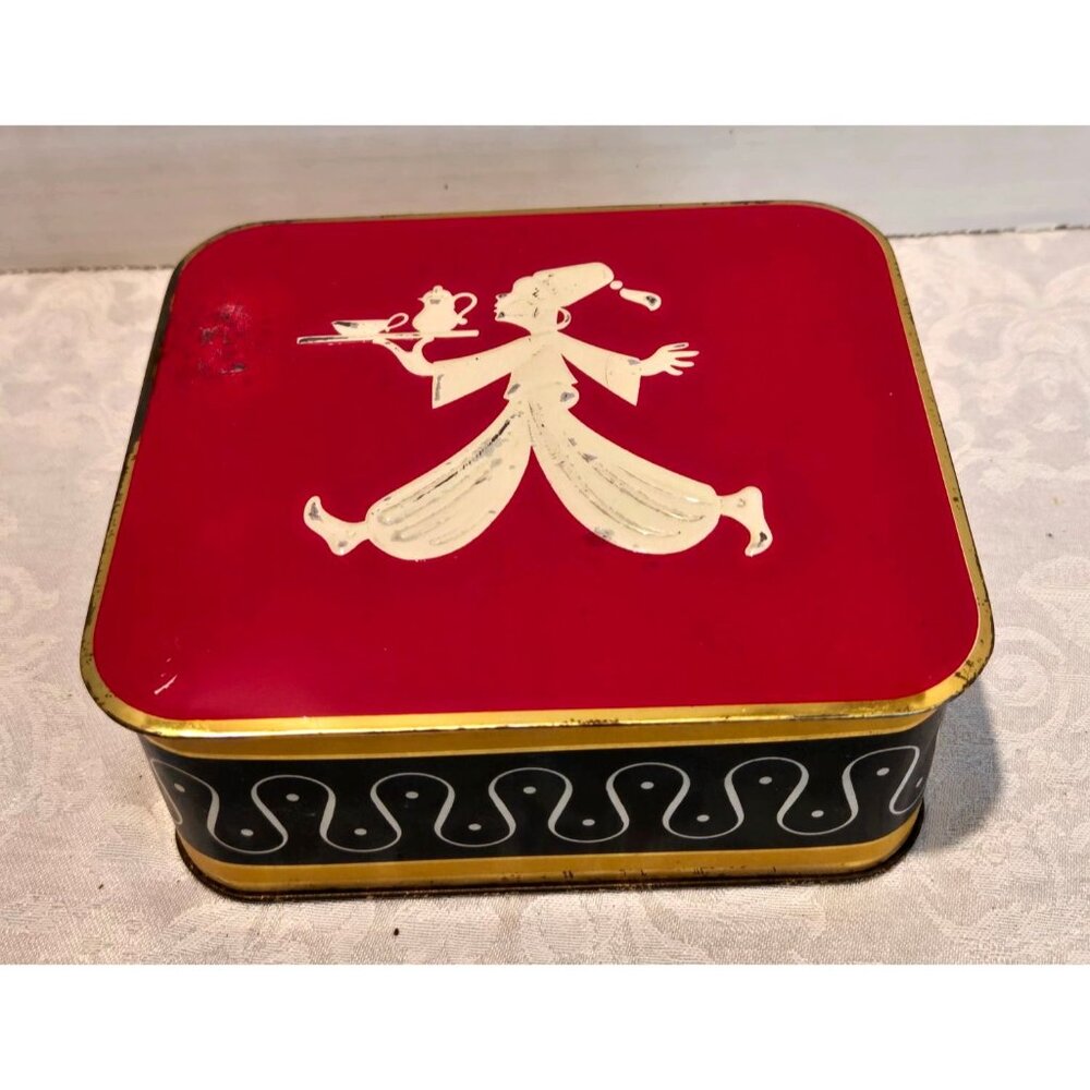 Vintage Tea Tin Mid Century Design with Embossed Server Wearing Fez & Carrying T